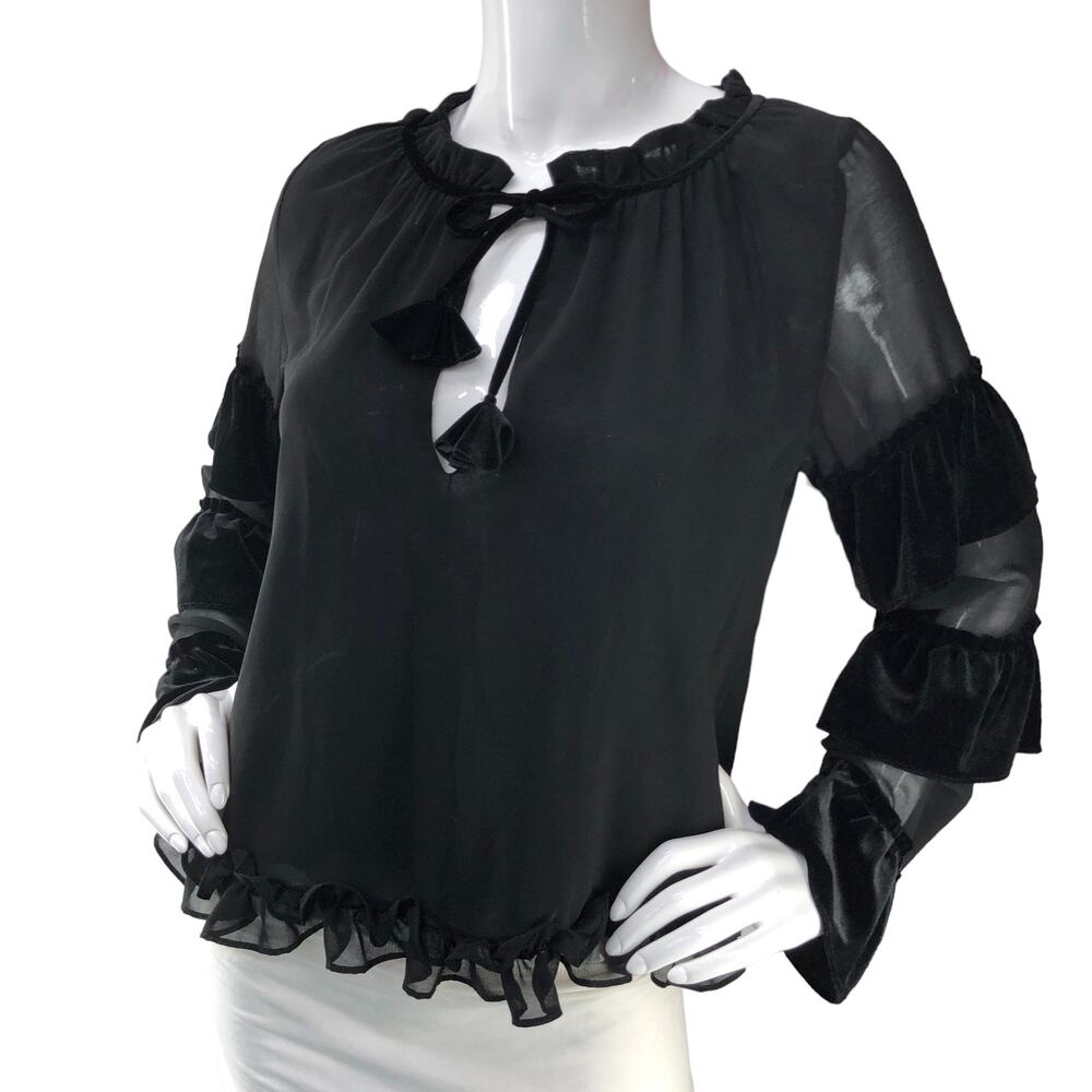 Misa Los Angeles Womens Size XS Blouse Black Velvet Ruffle Semi Sheer Top